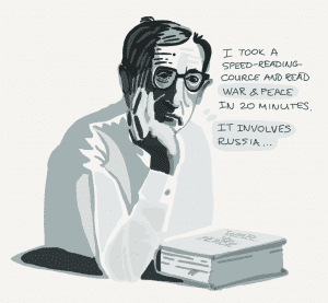 A person with glasses, resting their head on their hand, sits beside a stack of books. Text next to them reads, "I took a speed-reading course and read War & Peace in 20 minutes. It involves Russia... Slow-Reading is the new Deep Learning.