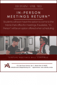 Flyer announcing the return to office starting April 3rd at the Menlo Park location. Virtual meetings will continue to be an option. Contact info provided at the bottom.