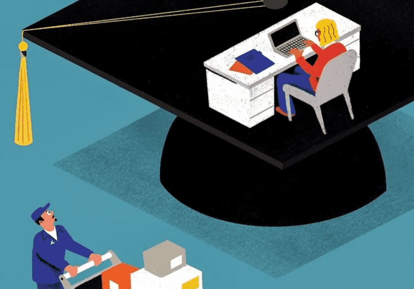 Illustration of a person working at a desk on top of a graduation cap, with students of privilege being admitted and a worker pushing a cart full of boxes below.