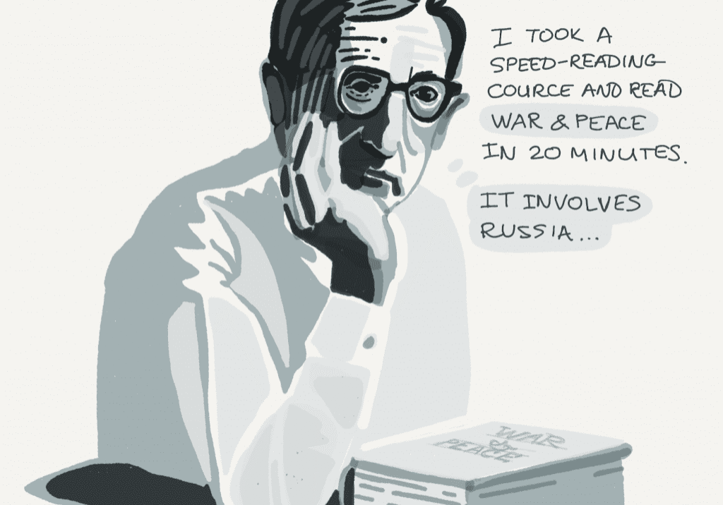 A person with glasses, resting their head on their hand, sits beside a stack of books. Text next to them reads, "I took a speed-reading course and read War & Peace in 20 minutes. It involves Russia... Slow-Reading is the new Deep Learning.