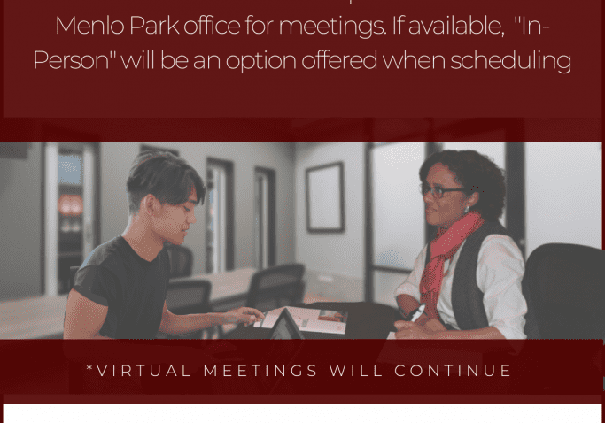 Flyer announcing the return to office starting April 3rd at the Menlo Park location. Virtual meetings will continue to be an option. Contact info provided at the bottom.