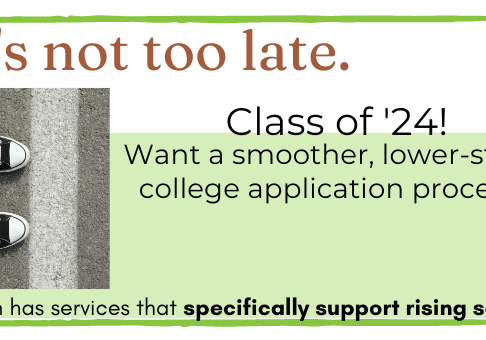 Promotional graphic with text: "It's not too late. Class of '24! Want a smoother, lower-stress college application process? Avalon has services that specifically support rising seniors." Image shows shoes near a white line on a road.